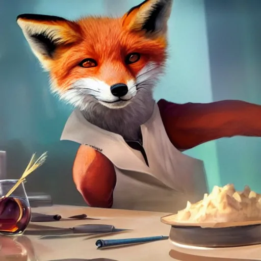 Image similar to A fox doing science, humanoid fox at a science table, chemicals, by Stanley Artgerm Lau, WLOP, Rossdraws, James Jean, Andrei Riabovitchev, Marc Simonetti, and Sakimichan, trending on artstation