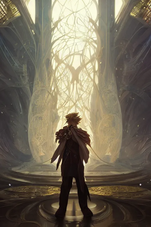 Prompt: portrait of a man with strange hairs, soft smile, final fantasy, league of legends champion, strong iridescent light, by chengwei pan and sakimichan and greg rutkowski and alphonse mucha, gradient white to gold, in front of a magical building background, highly detailed portrait, digital painting, smooth, focus illustration