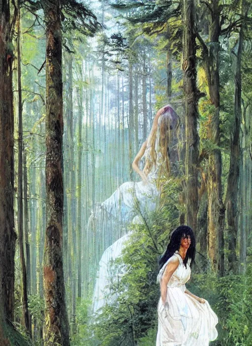 Prompt: a woman with long flowing hair and a flowing white dress in a forest by robert mccall