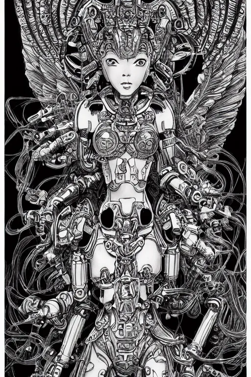 Image similar to full body illustration, mechanized mayan female, repressed angel, highly detailed, sumi - e art, suiboku - ga ink, by kim jisu, pen and ink monochrome, mecha, deviantart, artstation, pinterest