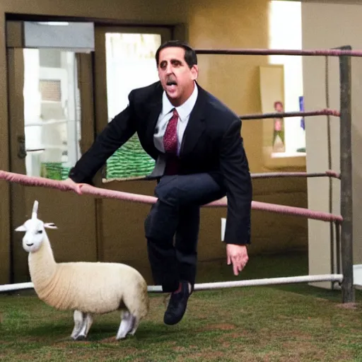 Prompt: High quality photo of Michael Scott doing parkour with a llama