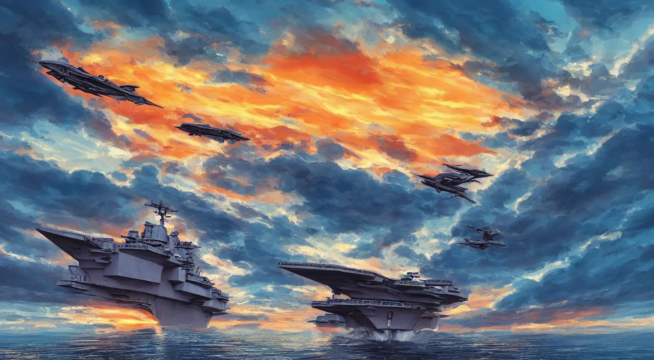 Prompt: aircraft carrier sunset sky waves beautiful artstation 4 k breathtaking graphic novel concept art illustration cartoon by jack kirby