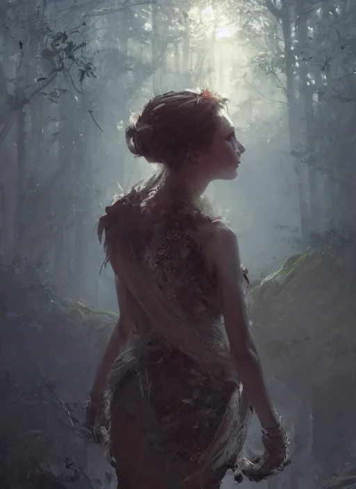 Prompt: female seductive queen of nature girl, beautiful face, rule of thirds, intricate outfit, backlit, by greg rutkowski, by jeremy mann, digital painting