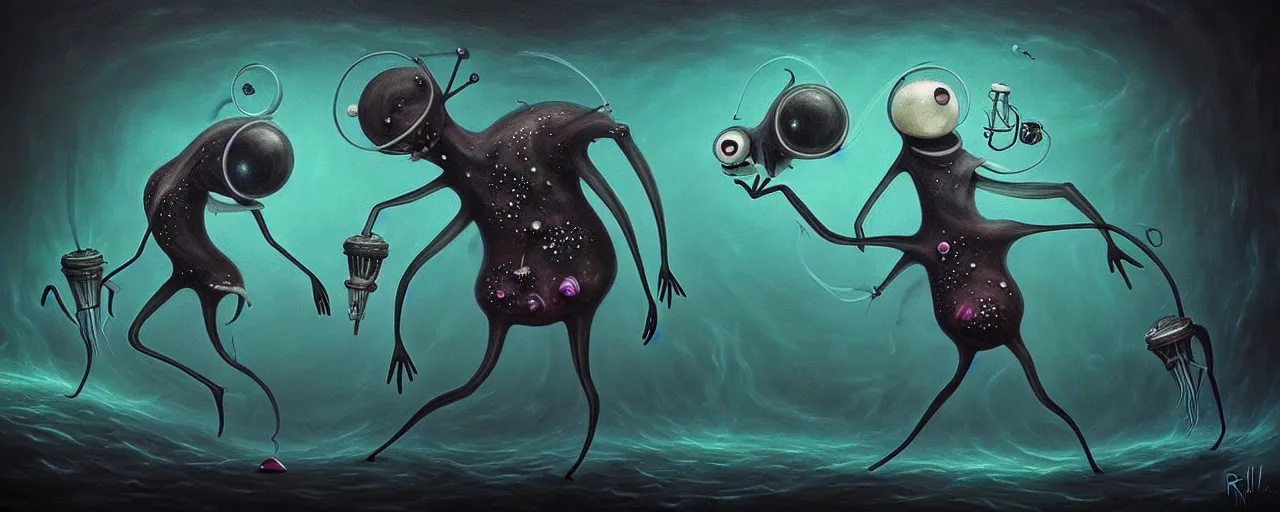 Image similar to whimsical alchemical plankton creatures, surreal dark uncanny painting by ronny khalil