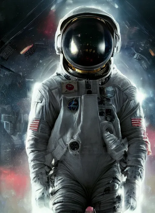 Image similar to complex poster by craig mullins astronaut is under tremendous strain in futuristic dark and empty spaceship. infrared glowing lights. complex and hyperdetailed technical suit. reflection and dispersion materials. rays and dispersion of light. volumetric light. 5 0 mm, f / 3 2. noise film photo. flash photography. unreal engine 4, octane render. interstellar movie art