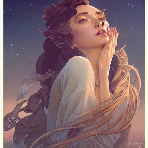 Image similar to Moon in the background, intricate, elegant, highly detailed, digital painting, artstation, concept art, smooth, sharp focus, illustration, art by artgerm and greg rutkowski and alphonse mucha