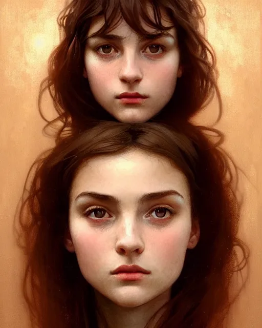 Image similar to portrait of a welsh teenage girl with brown hair, dark brown eyes, glowing skin, delicate features, quiet beauty, amelie poulain, fantasy, intricate, elegant, dress shirt, highly detailed, digital painting, artstation, concept art, smooth, sharp focus, illustration, art by Krenz Cushart and Artem Demura and alphonse mucha