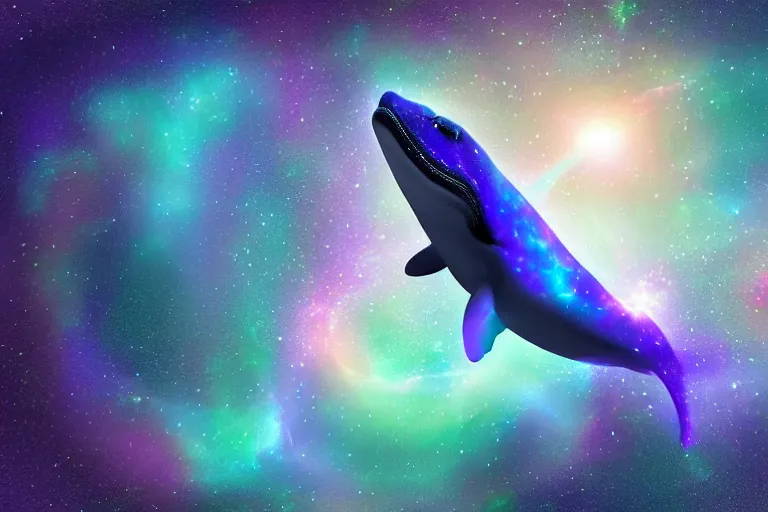 Image similar to a mystical cosmic bioluminescent whale jumping through a space nebula leaving stardust trails behind, digital art, photorealistic