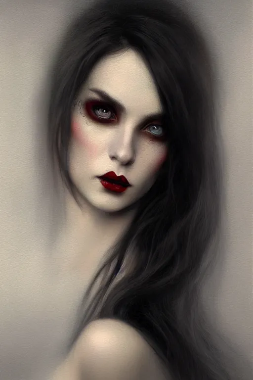 Image similar to a photorealistically painted portrait of lady vampire, dressed in a suit, perfectly symmetric face!!!, beautiful eyes!!, digital painting, concept art, minimal artifacts, volumetric lighting, Artgerm and William-Adolphe Bouguerea, in the style of Tom Bagshaw, trending on Artstation, award winning art