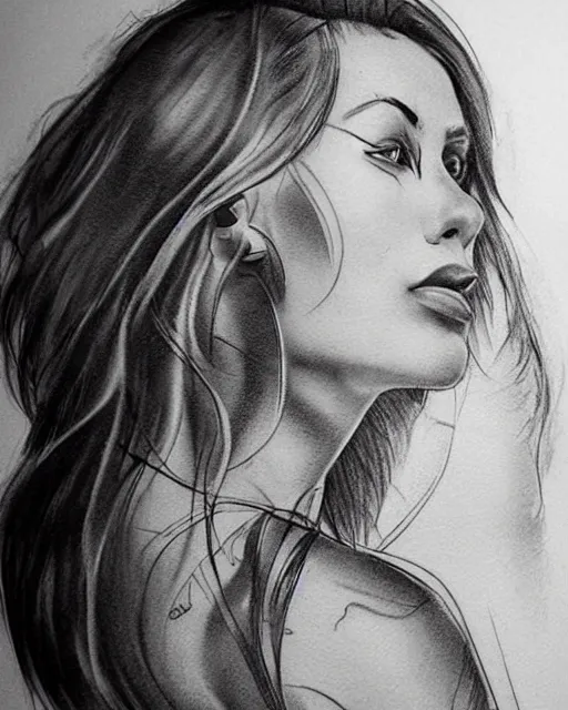 Prompt: tattoo design sketch of a blend between a beautiful woman face and beautiful mountains, hyper - realistic, in the style of den yakovlev, amazing detail, black and white