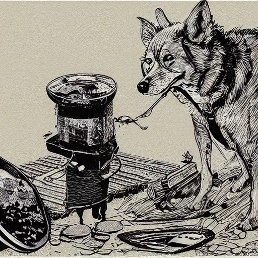 Prompt: blue woodcut print cartoon, hills science diet dog food at midnight by greg rutkowski, fine details, highly detailed