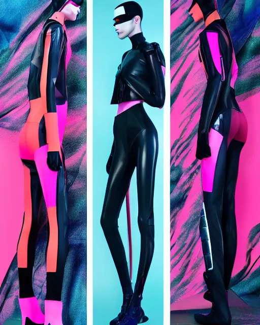 Prompt: an award winning fashion photograph for Balenciaga's futuristic cyberpunk Bladerunner 2049 fall corporate line by Artgerm, dazzle camouflage!, dayglo pink, dayglo blue, raven black, the Matrix