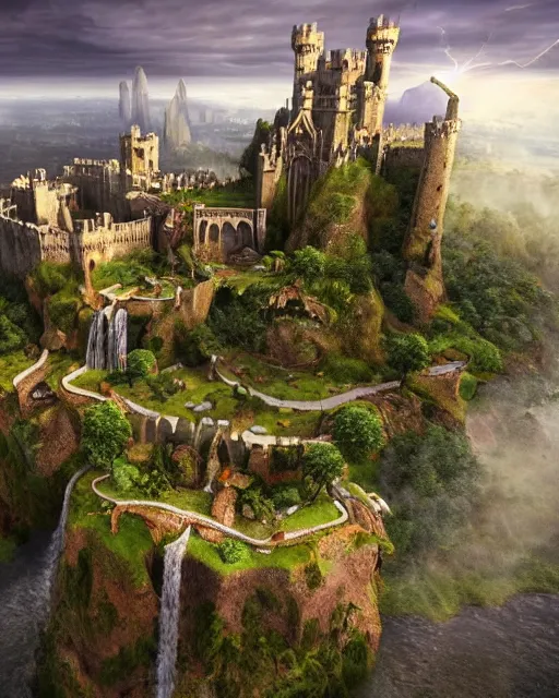 Image similar to a beautiful fantasy landscape of a large majestic medieval castle with lots of towers and huge walls on top of a lush cliff with a huge waterfalls in the middle, ruins of structures at the bottom, afternoon light streaking with god rays, ornate, detailed, octane render, 8k, trending on artstation deviantart google images, pinterest, canon 35mm lens