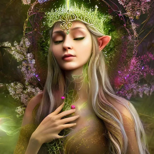 Image similar to elven princess meditating in forest, magical flowers, surrounded by fairies, beautiful face, wisps, surreal, surrealist art, photo, trending on artstation, ultra detailed, intricate, sacred geometry, serene, beautiful, photo, realistic, perfect, smooth, light shafts, light diffusion, chromatic aberration, moebius, by moebius, peter mohrbacher, eye contact, symmetry, magical princess