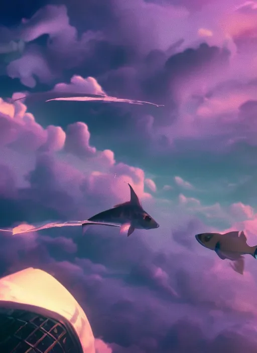 Image similar to fish flying through the clouds, sun, retro sci - fi style, vaporwave, movie still, cinematic, 8 k, unreal engine, 3 d render