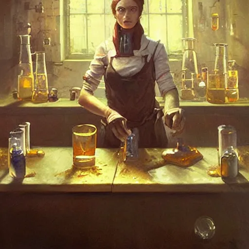 Prompt: fantasy alchemist working in laboratory, oil painting, by Greg Rutkowski