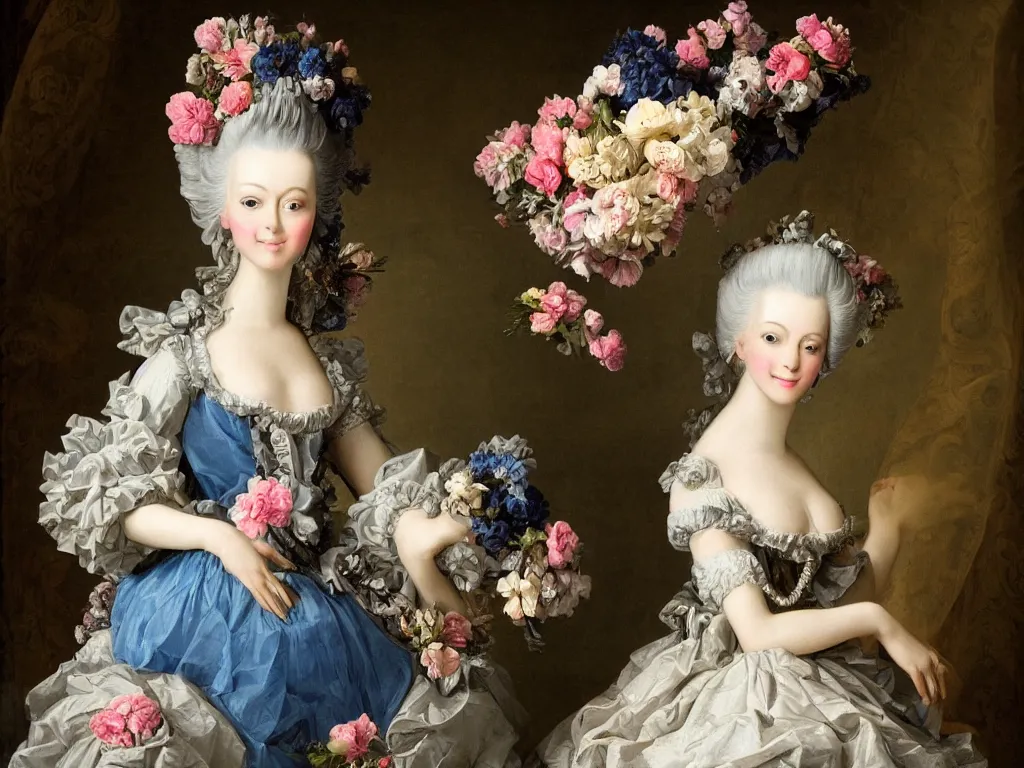 Prompt: robotic mechanic parts marie antoinette beautiful young woman with baroque wig with flowers