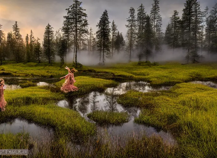 Prompt: nordic mire with fairies dancing, scenic sunrise, hdr, photorealism, mist, enchanting scenery, fairies dancing, nikon d 8 5 0, wide lens, sigma 5 5