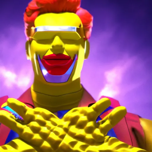 Image similar to ronald mcdonald with the infinity gauntlet dynamic pose 4 k deviantart fanart cinematic shot