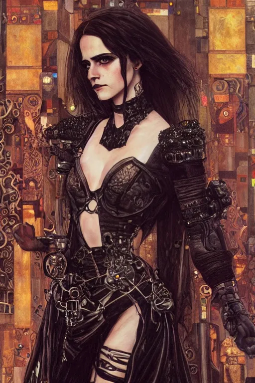 Image similar to beautiful gothic Emma Watson, cyberpunk, Warhammer, highly detailed, artstation, illustration, art by Gustav Klimt