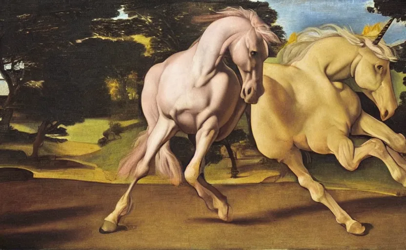 Prompt: a unicorn walking on a rainbow in the style of Caravaggio