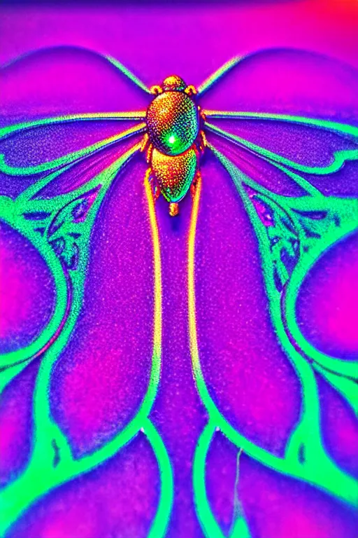 Prompt: high quality macro photo holographic art nouveau fly! jeweled gorgeous! highly detailed digital art david ligare elson peter cinematic purple neon lighting high quality low angle hd 8k sharp shallow depth of field