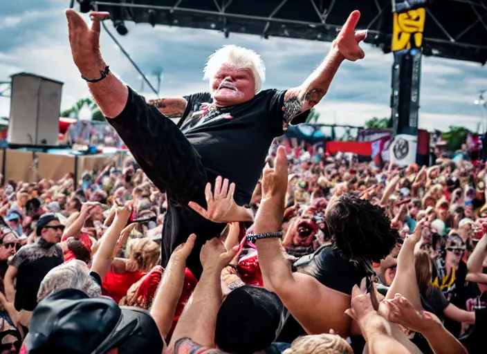 Image similar to photo still of rip taylor at vans warped tour!!!!!!!! at age 6 3 years old 6 3 years of age!!!!!!! stage diving at a crowd, 8 k, 8 5 mm f 1. 8, studio lighting, rim light, right side key light