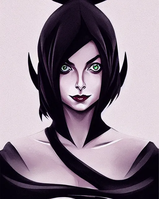 Prompt: style of raphael lacoste, artgerm : : gorgeous willa holland : : evil witch, swirling black magic, black dress : : symmetrical face, symmetrical eyes : : full body pose : : gorgeous black hair : : magic lighting, low spacial lighting : :