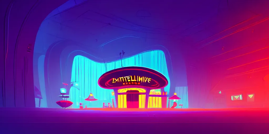 Prompt: minimalistic extreme wide angle curved perspective digital art of dark indoor casino with a stage pale colors by anton fadeev from nightmare before christmas