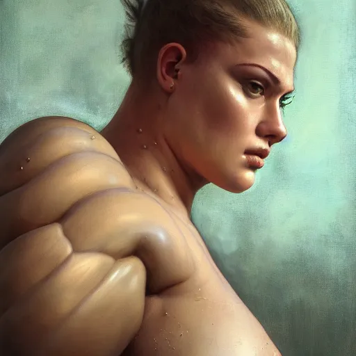 Image similar to portrait of heavy armoured zarya from overwatch in disco elysium, by alexander mcqueen, by roberto ferri, by tom bagshaw, by j. c. leyendecker and klimt, by austin osman spare, highly detailed oil painting, very intricate, cinematic lighting, award - winning, american romanticism, artstation, cgsociety, official art, octane