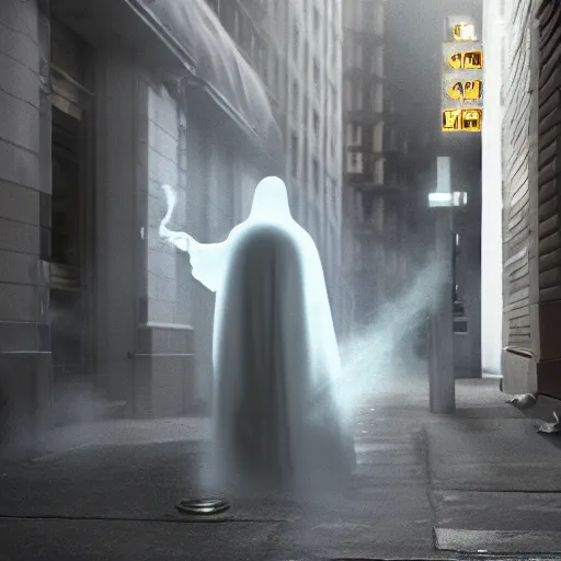 Prompt: ghost under a sheet smoking a cigarette, haunting a NYC sidewalk, trending on artstation, 8k, 4k, volumetric lighting, award-winning, cinematic composition, hd, spooky