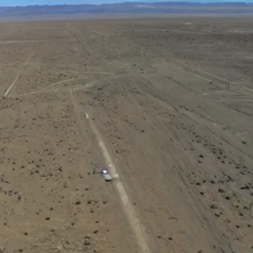 Prompt: aerial footage of ufos on the ground at Area 51