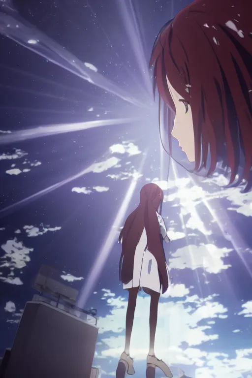 Prompt: Kurisu Makise in flowing lab coat by Akihiko Yoshida and Makoto Shinkai, with backdrop of god rays