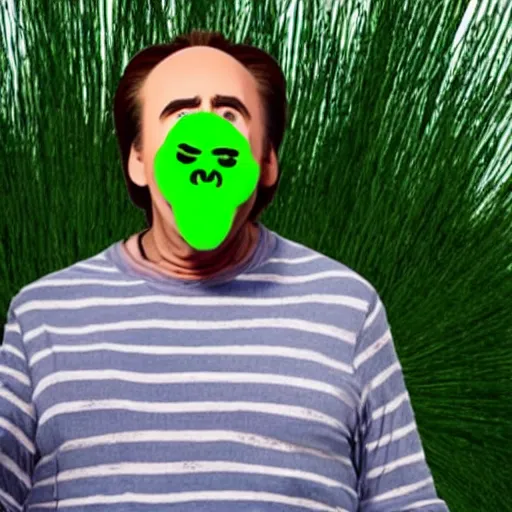 Prompt: nicolas cage with a wicker basket over head screaming with a mouth full of peas