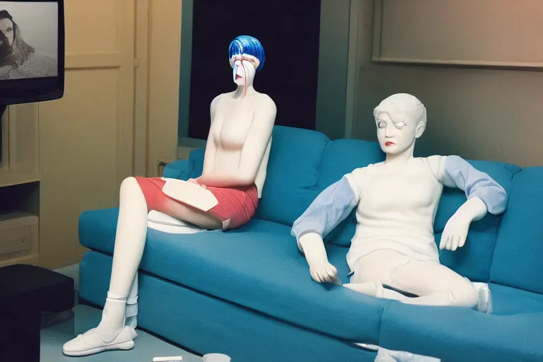 Image similar to an extremely realistic life-sized pill bottle with a human face made of porcelain, anime model sitting on a deep blue couch, from 1985, bathed in the glow of a television, low-light photograph