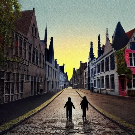 Image similar to 2 hedgehogs walking across the street next to eachother in Bruges, Belgium, in the style of shinji aramaki, autumn, evening, romantic