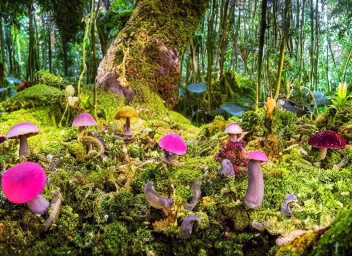 Image similar to glowing delicate flower and mushrooms that grow in fatansy forest on the planet Pandora,