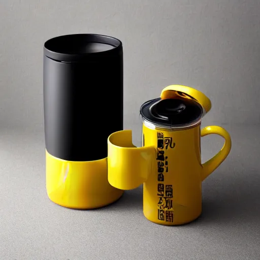 Image similar to yellow coffee mug full of steaming coffee, mugs surface is made of rimowa aluminium suitcase,