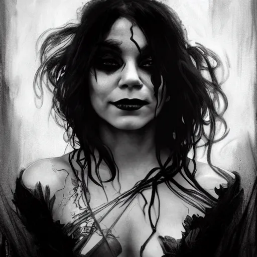 Image similar to beautiful portrait of vanessa hudgens as death from sandman, smiling, by cedric peyravernay, alphonse mucha, by jeremy mann, by lecouffe deharme, goth chic, soft lightning, eyeliner, punk rock, high detailed, 8 k