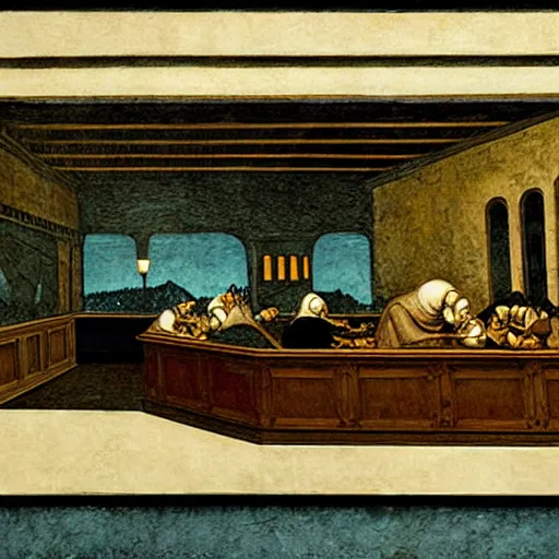 Image similar to Nighthawks by Leonardo DaVinci, illustration, highly detailed, HD