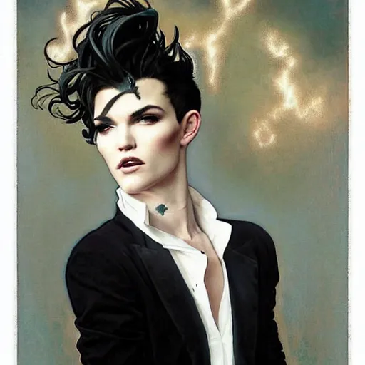 Image similar to beautiful portrait of androgynous ruby rose as desire from sandman in a white tuxedo!!!, rockabilly style, by alphonse mucha, cedric peyravernay, by jeremy mann, by frank moth, white suit and black tie, soft lightning, high detailed, 8 k