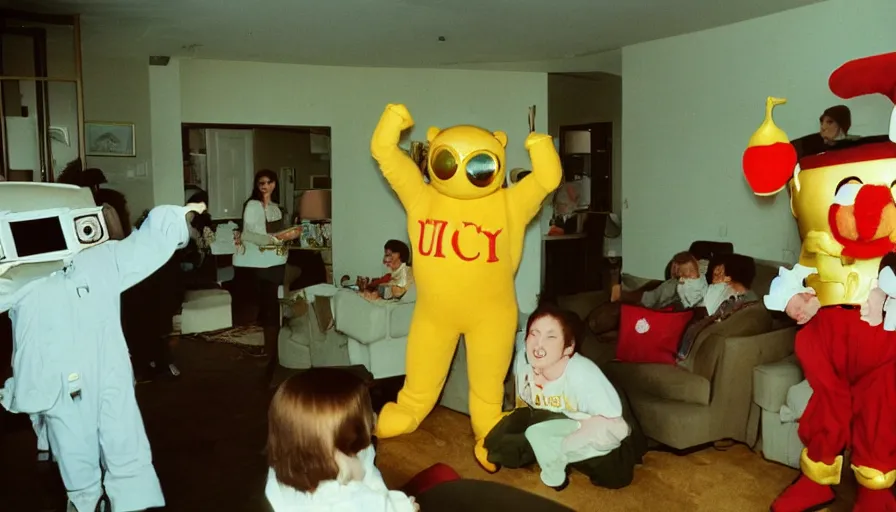 Prompt: 1990s candid 35mm photo of a beautiful day in the living room, cinematic lighting, cinematic look, golden hour, large costumed mascot business fruit people dancing for families, Enormous personified business fruit people with outstandingly happy faces talking to families about space with computers, UHD