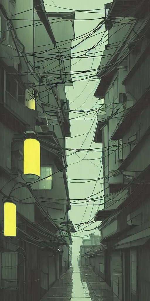 Image similar to tokyo alleyway, rainy day, lights, ( ( ( cables ) ) ) by cory loftis, makoto shinkai, hasui kawase, james gilleard, beautiful, serene, peaceful, lonely, golden curve composition