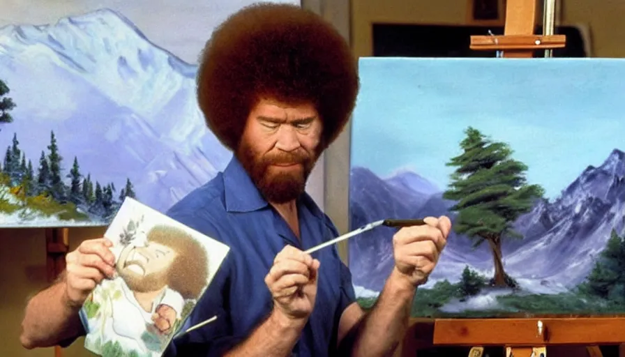 Image similar to bob ross snorting a fat line of cocaine with a beautiful landscape painting on an easel behind him