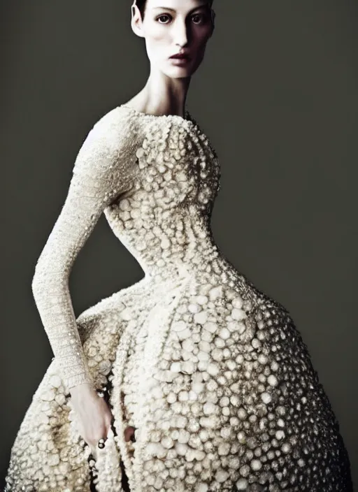 Image similar to glorious and luxurious haute couture dress on pale woman with smooth skin, alexander mcqueen, portrait, voluminous, masterpiece, intricate