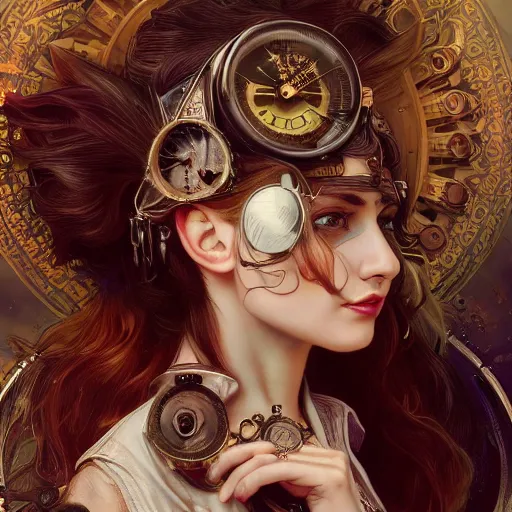 Prompt: a photograpic portrait of a pretty woman, steampunk, fantasy, intricate, elegant, highly detailed, digital painting, artstation, concept art, smooth, sharp focus, illustration, art by artgerm and H R Giger and alphonse mucha