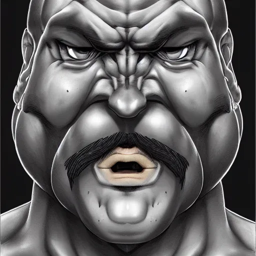 Image similar to face portrait a big beefy man with a large purple face, thick dark hair, a bushy black moustache, with hardly any neck and mean little eyes, highly detailed, digital art, sharp focus, trending on art station, kentaro miura manga art style