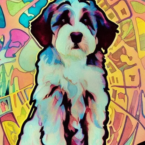 Image similar to cute, pop art style bernedoodle, watercolor painting, by alphonse mucha and william morris