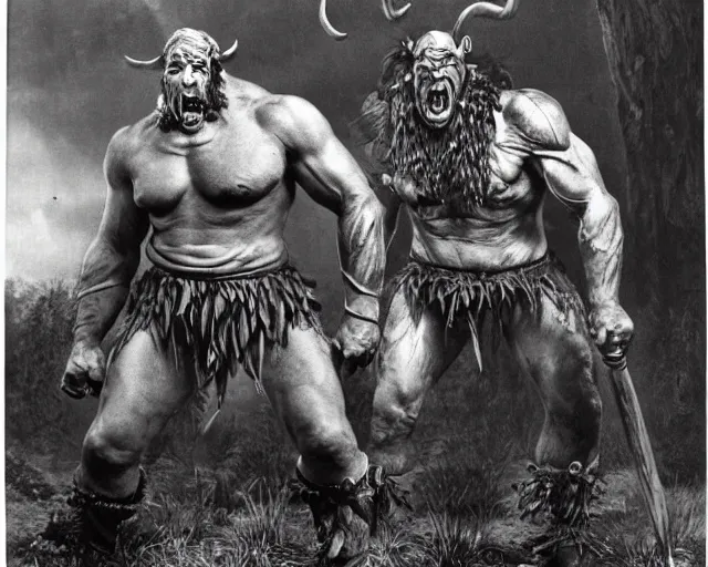 Image similar to vintage photograph of a real fantasy orc chieftain, tall, muscular, sharp fangs and tusks, big arms, big hands, big feet, armored, tribal paint, highly detailed