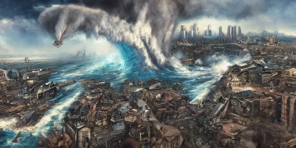 Prompt: tsunami wave crashing into steampunk city skyline, aerial view, cinematic wide shot, very detailed, realistic painting